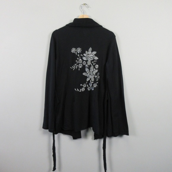 Vintage Lucky Brand Cardigan Women L Black Cotton Floral Embroidered Boho 450 - Picture 2 of 8